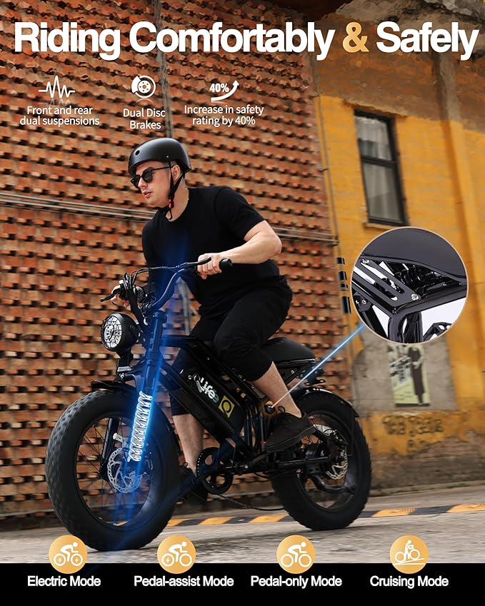 Qlife Electric Bike for Adults-1500W Peak Motor 20" Fat Tires 28MPH(Unlock to 35MPH) EBike Moped, 624-1248Wh Removable Battery Bicycle, with Dual Suspension & Brakes Motorcycle, 7-Speed,Spark