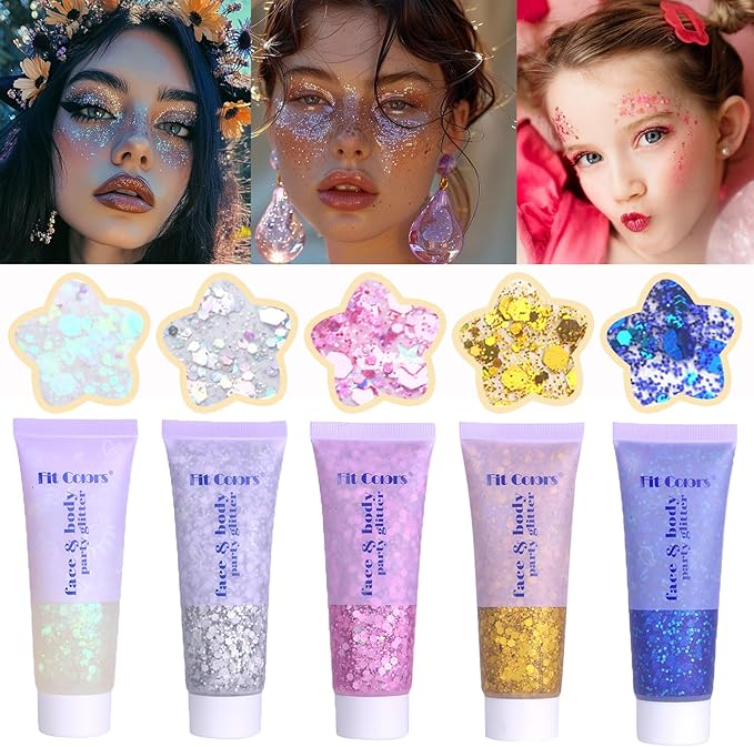 Face Body Glitter, Hair Glitter Sparkles Chunky Face Glitter Gel for Girls Makeup Singer Concerts Mermaid Festival Sequins Face Paint (White+Silver+Pink+Gold+Blue)