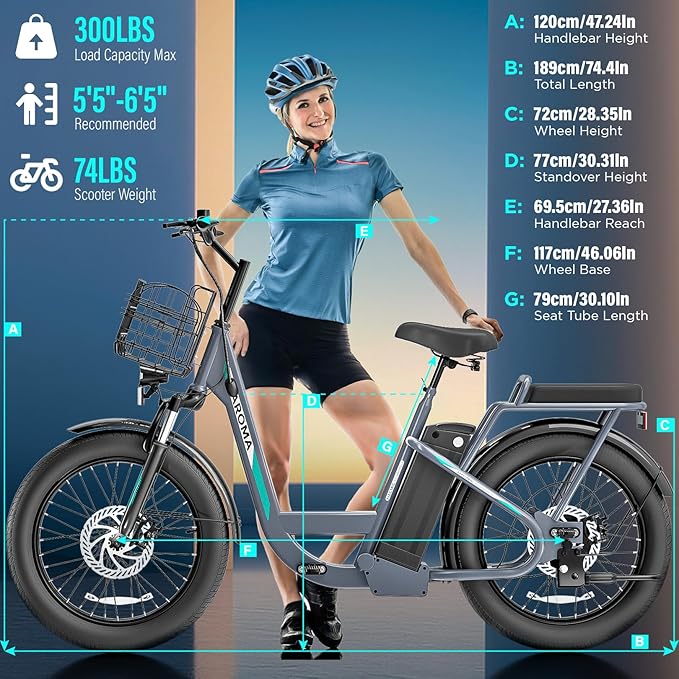 Caroma Electric Scooter with Seat, 48V Removable Battery E-Bike, Up to 30Miles&20MPH, 500/800/1200W Motor, 20" Fat Tire Adult Electric Bicycles for Commuting with Basket