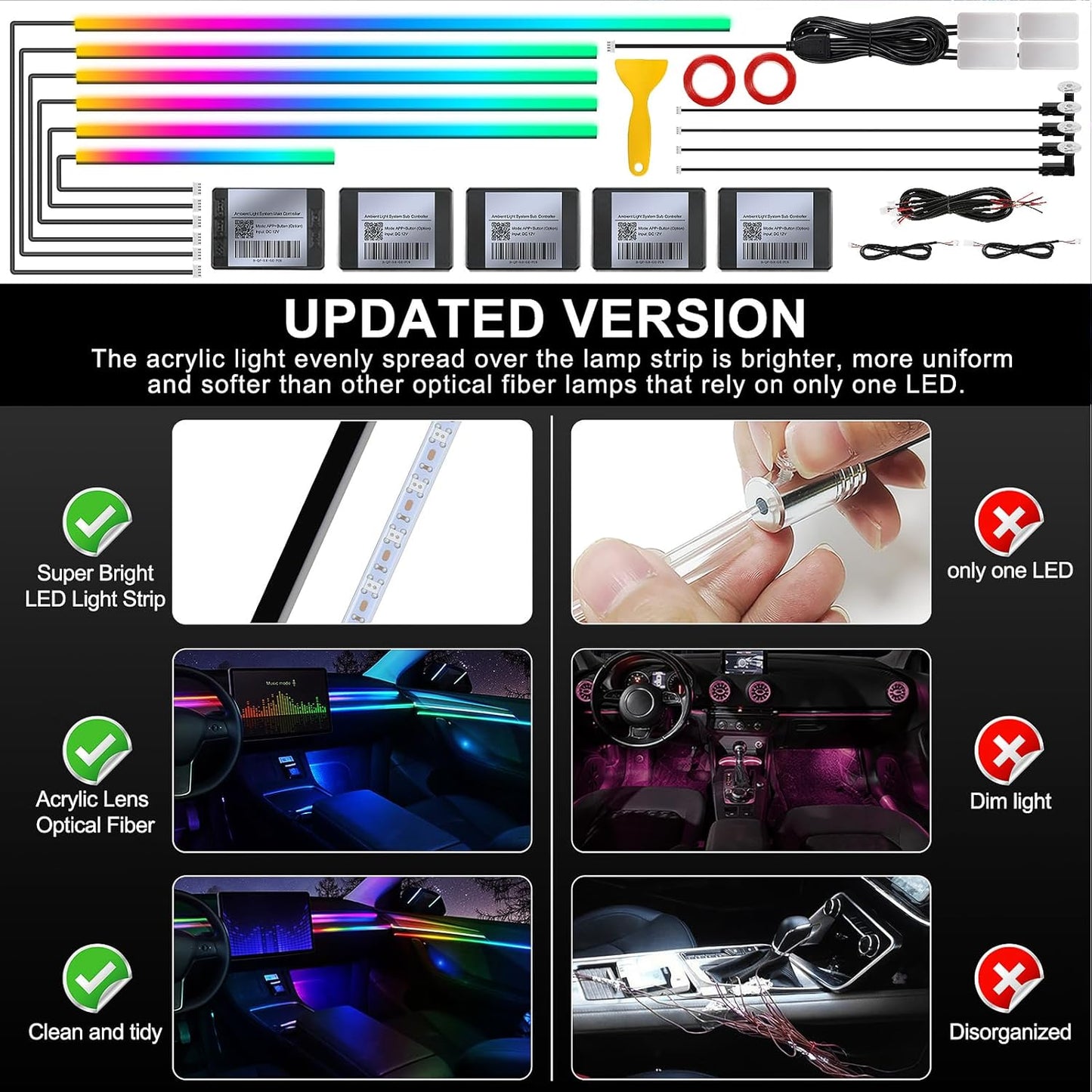 Dream+Color Acrylic Interior Car LED Strip Light with Wireless APP, RGB 14 in 1 with 175 inches 593 Neon Ambient Lighting Kits, Dynamic Chasing Music Sync LEDs Fiber Optic Strip Lights for Car