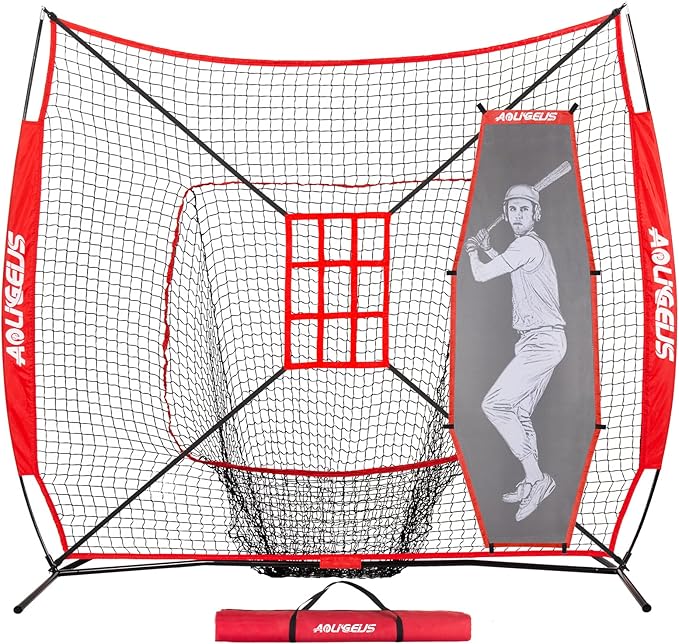 7'X7' Baseball Softball Practice Net,Pitching Net,Batting Net,with Baseball Tee,Bonus Strike Zone and Bow Frame,for Hitting,Pitching, Catching