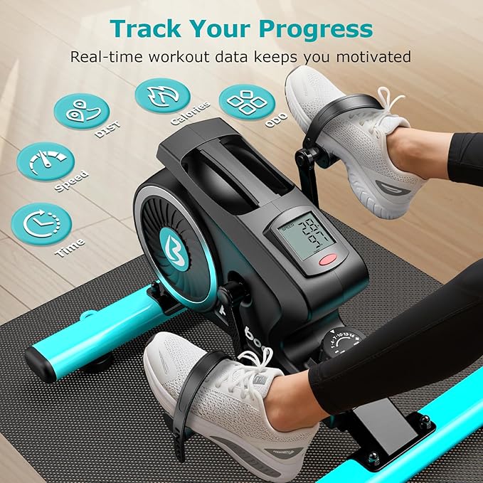 pooboo Under Desk Bike Pedal Exerciser, Quiet Magnetic Mini Exercise Bike with 16 Resistance Levels, Arm & Leg Workout, Resistance Bands & Non-Slip Mat for Home Office Therapy