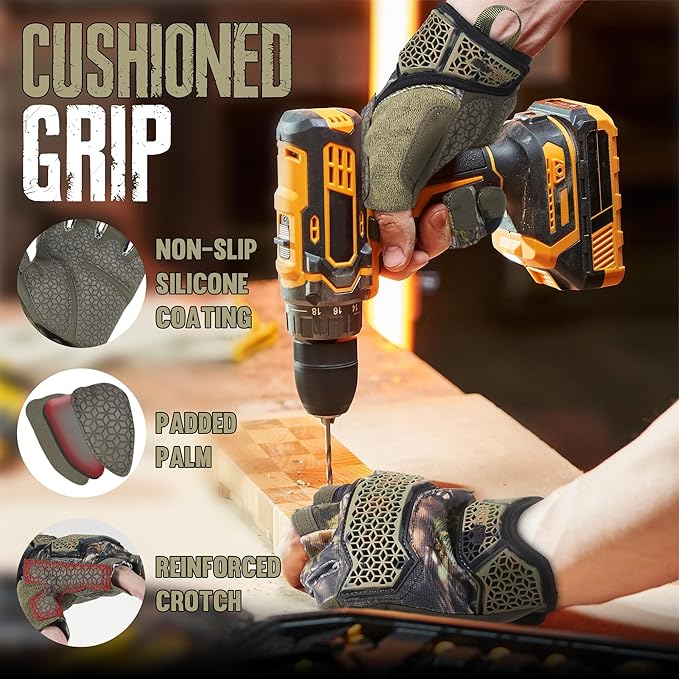 HANDLANDY Fingerless Framer Work Gloves for Men, Utility Grip Paded Gloves for Tactical Shooting Airsoft Hunting Driving (Camo- 3 Fingerless, Large (Pack of 1))