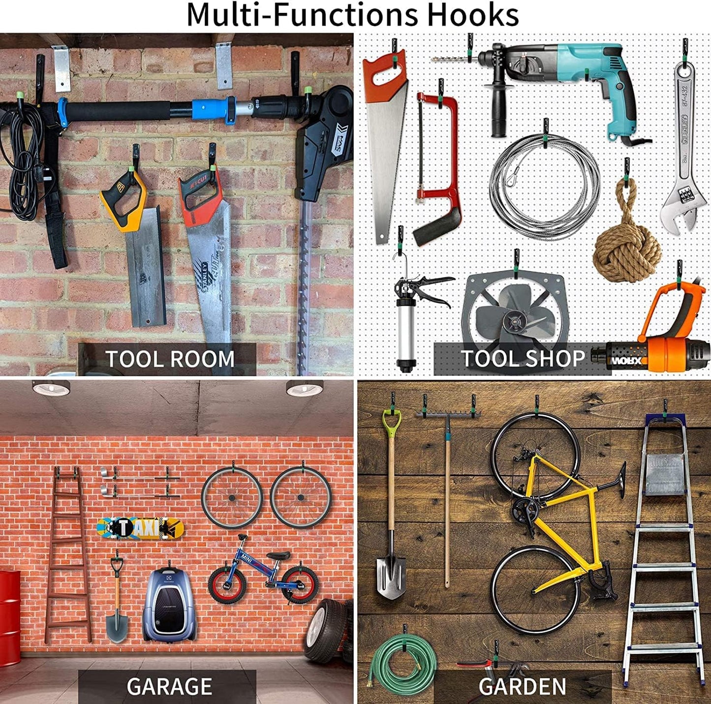 Steel Garage Storage Hooks - 6 Pack, Organizer for Hanging Power and Garden Tools, Ladders, Hose, Bikes, Ropes, Bulk Items, and More(Green)