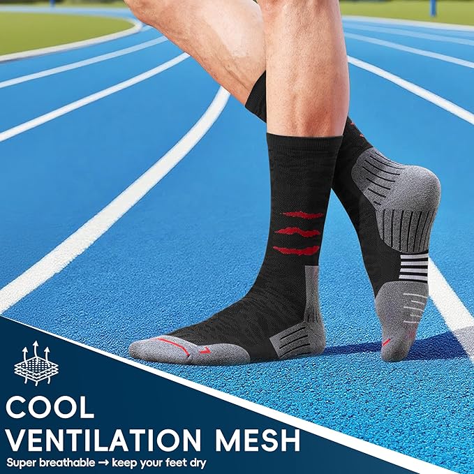 Compression Running Socks, Cushion Crew Socks - Anti-Blister Moisture Wicking for Athletic Hiking Basketball Tennis