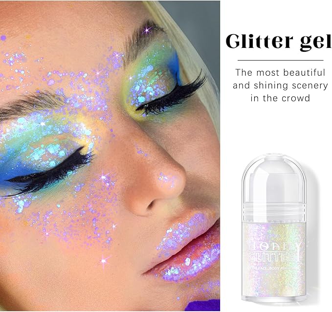 Roll-on Holographic Body Glitter Gel for Face Hair, Chameleon Color Changing Glitter Gel Under Light, Chunky Mermaid Sequins Festival Party Rave Accessories Shimmer Makeup (10# Neon Violet)