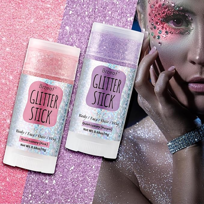 Brzeaf Pink Glitter Stick, Not Greasy & Long Lasting, Chunky Glitter for Face/Body/Hair/Eyes/Lip, Singer Concert Music Rave Halloween Festival, Glitter Stick Makeup & Face Glitter Gel for Women Men