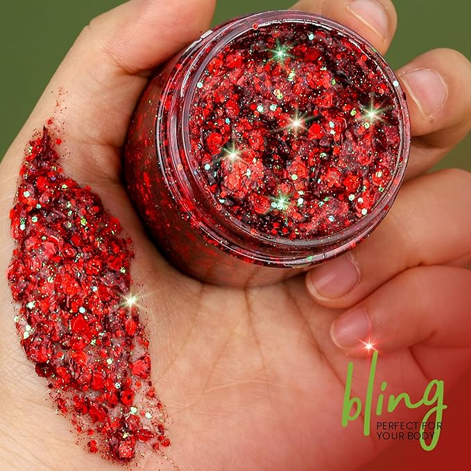 Teenitor Body Glitter, Red Body Glitter Gel, Hair Glitter, Face Glitter, 80g/2.8oz Red Glitter Gel for Face, Makeup, Hair, Eye
