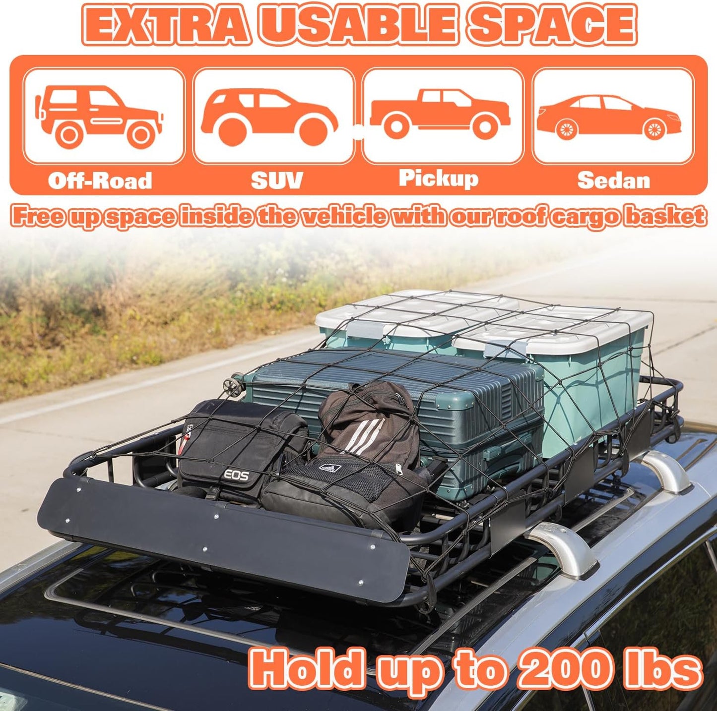 WEIZE Roof Rack Carrier Basket Universal Rooftop 64" x 39" x 5" Large Size Roof Rack + Waterproof Bag, Cargo Net with Attachment Hooks, Ratchet Straps for SUV, Truck