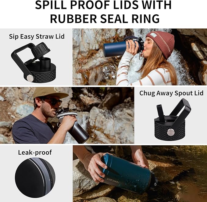 Insulated Water Bottle 64oz,Triple Wall Vacuum Stainless Steel(Dishwasher Safe),Leak Proof & Non-BPA,Flask Jug with Paracord Handle & Straw Spout Lids Sports