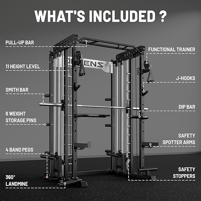 Smith Machine for Home Gym, Multi-Function M12 Power Cage with Cable Crossover System, Squat Rack with Smith Bar and More Attachment