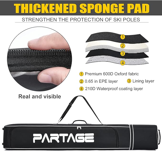 Partage Ski Bag - Ski Bag with Wheels Waterproof Ski Travel Bag Ski Boot Bag 600D Heavy Duty Oxford Fabric - Adjustable Length Up to 200cm Easy to Store and Transport Suitable for Men Women