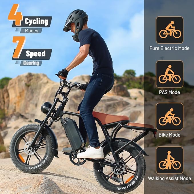 V8 Electric Bike for Adults, 20'' Fat Tire E Bike with Powerful Motor 48V 15Ah Removable Battery, 7-Speed Gears, 2 Seater E-Bike, Ebike Moped Style for Mountains, Snow, Sand, Road