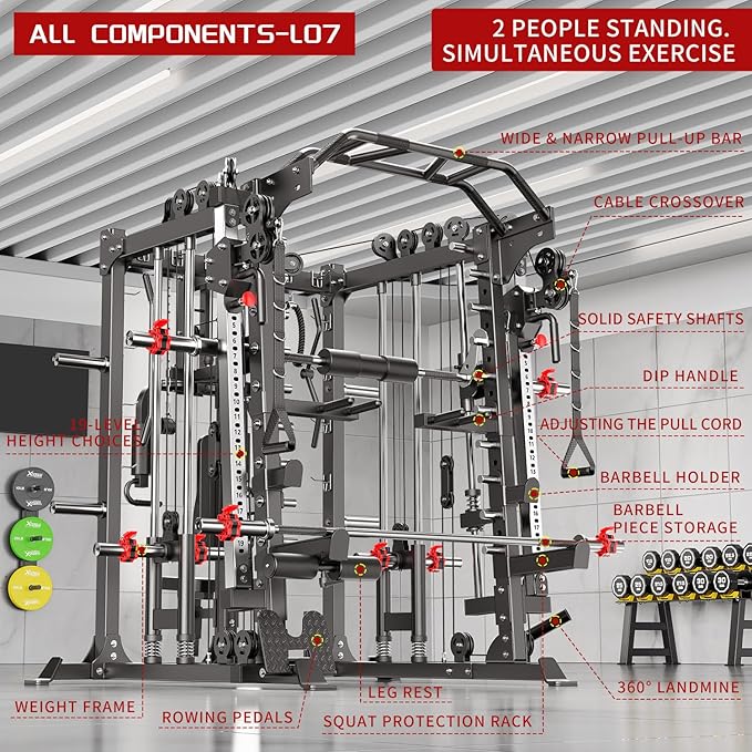 Smith Machine Power Rack Multifunctional Power Cage Deep Squat Rack Cable Crossover System Selectable More Training Attachment for Garage & Home Gym