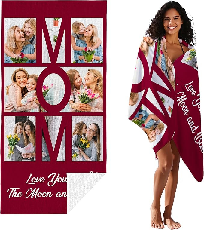 JML Mothers Day Birthday Gifts for Mom from Daughter Son, Personalized Beach Towel with Photo, Custom Beach Towel Gift for Mommy, Grandma, Women, Wife Anniversary Family Day, Summer, Holiday