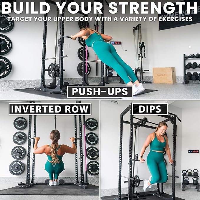 Synergee Dip Station Set of 2 Dip Bar Attachments for Power Racks. Compatible with 2x2 Tube Racks with 1" Holes. Max Capacity 350lbs.