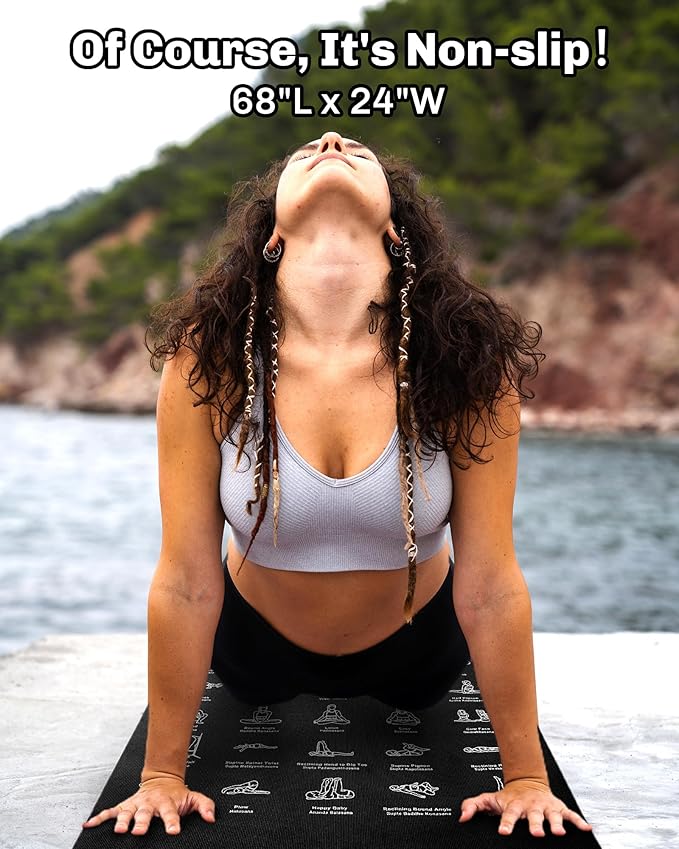 Instructional Travel Yoga Mat with 75 Poses & Exercises - Non-slip Exercise Mat for Home Workout, Includes Carrying Bag - Perfect for Beginners, 68"x24"x0.25"