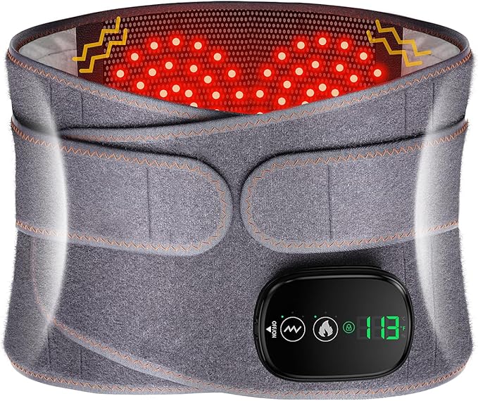 Lower Back Massager with Heat, Heating Pad for Back, Stomach Heating Pad, Waist Belt Wrap with Heat Vibration 3 Levels Adjustable, Touchscreen Control, Adjustable Size, Gifts for Dad Mom (Grey)