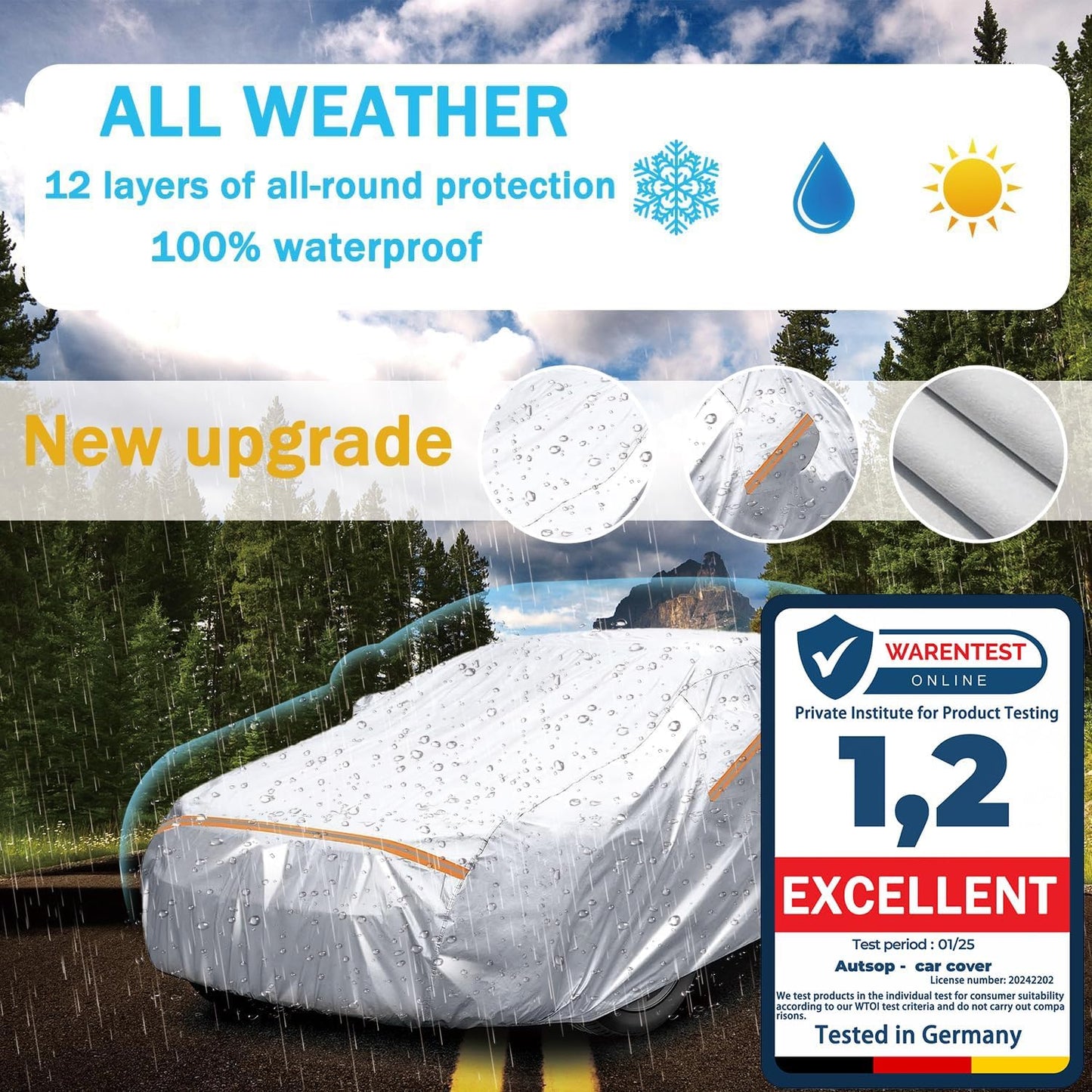 Autsop Car Cover Waterproof All Weather,12-Layer Car Covers for Automobiles Outdoor Heavy Duty Full Exterior Covers for Sedan(178-183 Inch)