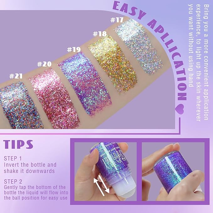 Roll-on Holographic Body Glitter Gel for Face Hair, Chameleon Color Changing Glitter Gel Under Light, Chunky Mermaid Sequins Festival Party Rave Accessories Shimmer Makeup (19# Purple)