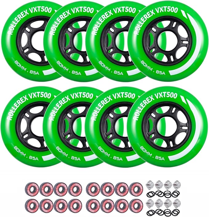 Rollerex VXT500 Inline Skate Wheels (8 Wheels w/Bearings, spacers and washers) (Various Size & Color Options Available) - for Indoor, Outdoor, Hockey - Intended for Roller Blade Wheel Replacement
