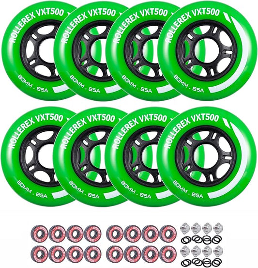 Rollerex VXT500 Inline Skate Wheels (8 Wheels w/Bearings, spacers and washers) (Various Size & Color Options Available) - for Indoor, Outdoor, Hockey - Intended for Roller Blade Wheel Replacement