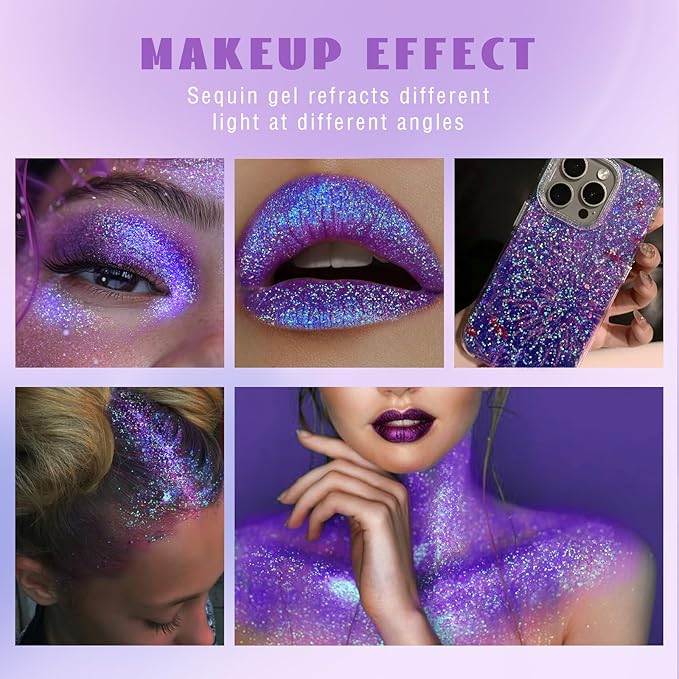 Roll-on Holographic Body Glitter Gel for Face Hair, Chameleon Color Changing Glitter Gel Under Light, Chunky Mermaid Sequins Festival Party Rave Accessories Shimmer Makeup (19# Purple)