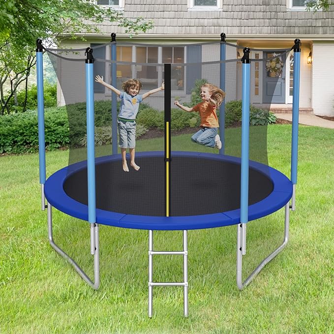 GYMAX Trampoline, 8FT 10FT 12FT 14FT 15FT 16FT Recreational Trampolines w/Safety Enclosure Net & Ladder - ASTM Certificated, Outdoor Trampoline for Kids and Adults