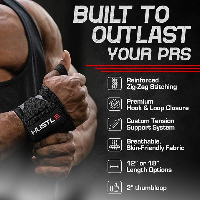 Hustle Athletics Wrist Wraps for Weightlifting – Max Wrist Support for Safe & Heavy Lifts, USPA Approved 18" & 12" Lengths, Thumb Loop Gym Straps for Powerlifting & Weight Lifting for Men and Women