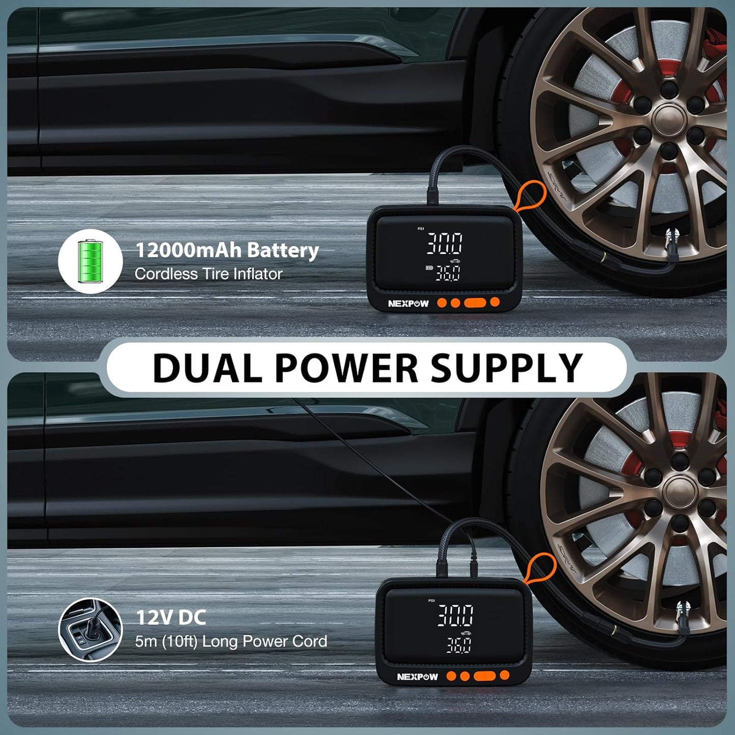 NEXPOW Tire Inflator Portable Air Compressor, 150 PSI Cordless Air Pump for Car Tires with Digital Pressure Gauge & Auto Shut-Off, Air Compressor Portable for Car, Motorcycle, Bicycle, Balls, Orange