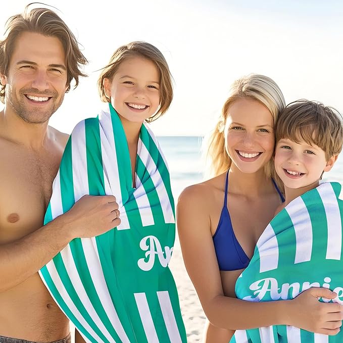 JML Personalized Beach Towel with Name, Custom Cabana Stripe Beach Towel, Customized Microfiber Pool Towel, Quick Dry & Absorbent Swim Towel for Adult,Mother's Day, Birthday, Summer Holiday,Vacation
