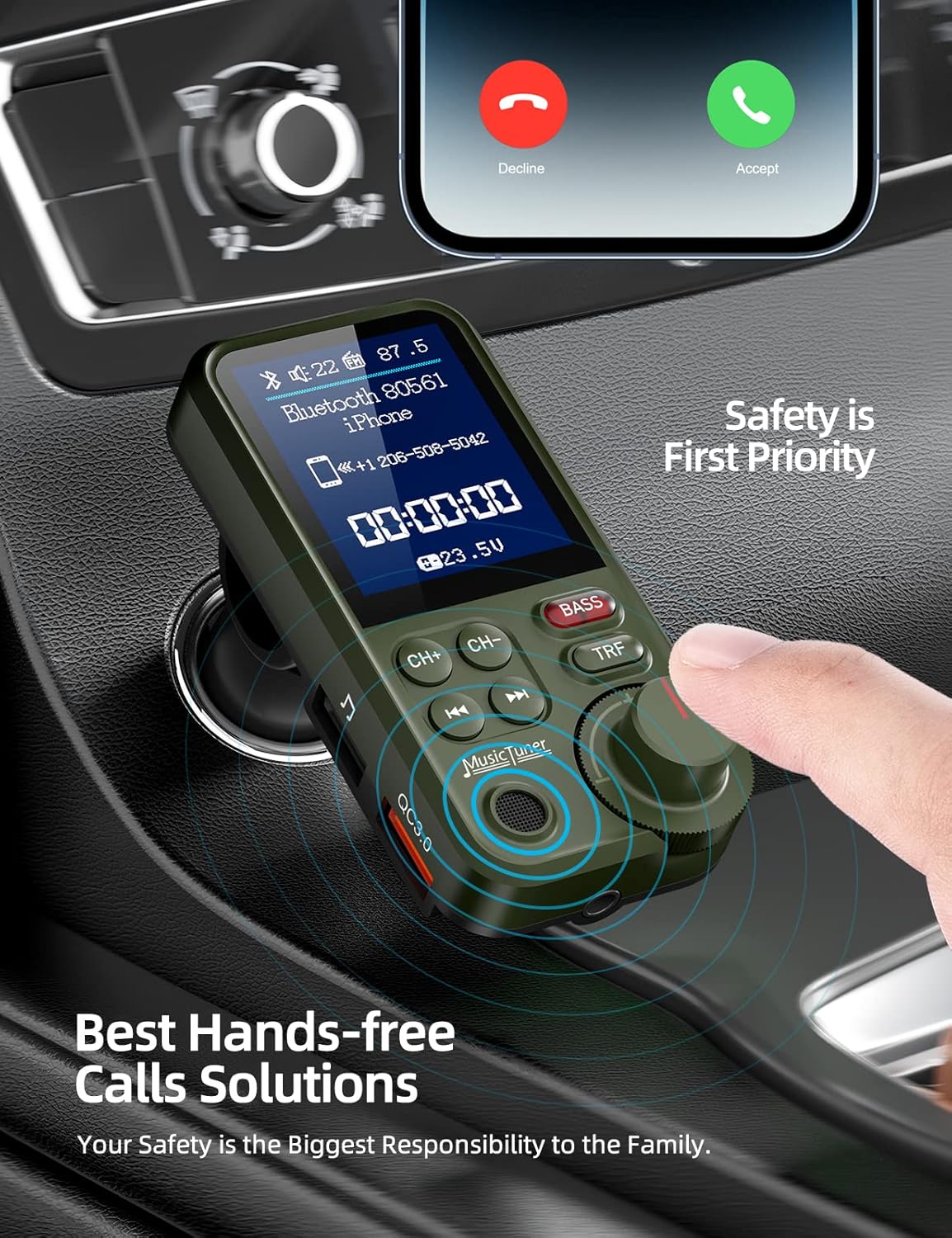 Nulaxy FM Bluetooth Transmitter for car, Strong Microphone Bluetooth Car Adapter with 1.8" Color Screen for Hands-Free Calls, Supports QC3.0 Charging, Treble and Bass Sound Music Player- KM30 Green