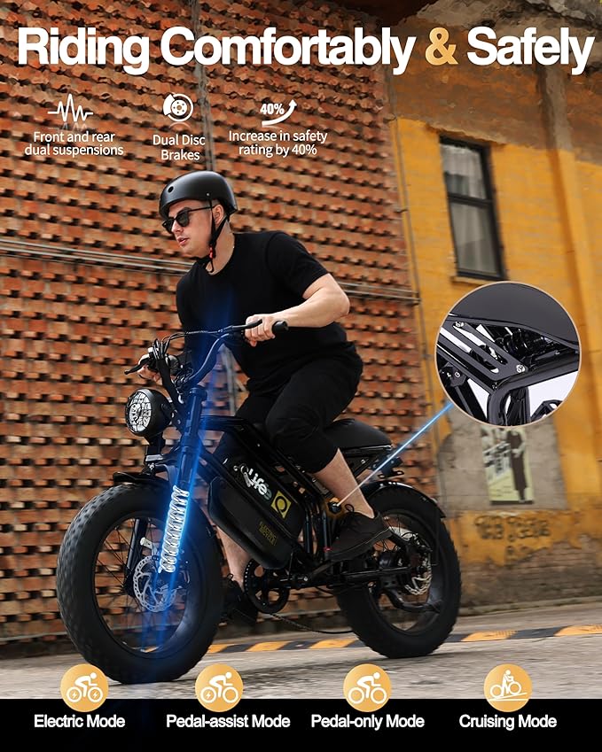 Qlife Electric Bike for Adults-1500W Peak Motor 20" Fat Tires 28MPH(Unlock to 35MPH) EBike Moped, 624-1248Wh Removable Battery Bicycle, with Dual Suspension & Brakes Motorcycle, 7-Speed,Spark