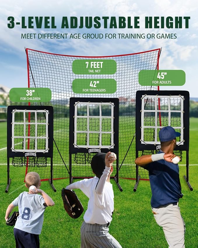 9 Hole Pitching Net, Heavy-Duty Baseball Net with Strike Zone for Pitching and Hitting, Height Adjustable Training Equipment with 9 Pocket Pitching Target for Baseball & Softball Practice