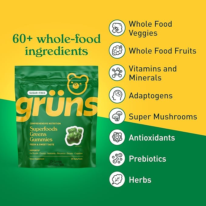 Gruns Adult Sugar-Free Super Greens Gummies, Superfood Gummy Bears with Spirulina, Chlorella, Fiber & Prebiotics for Digestive Health, Adaptogens Supplement with 20 Vitamins & Minerals, 28 Packets