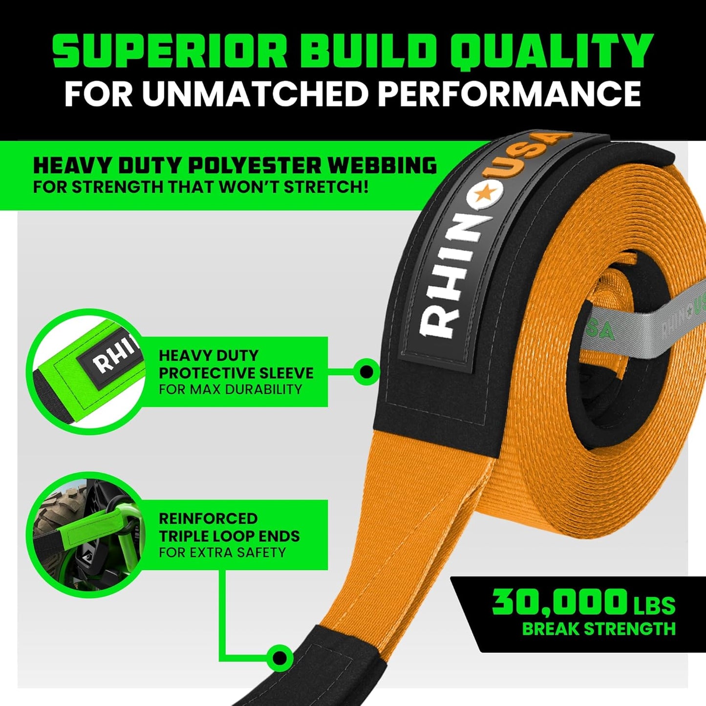 Rhino USA Recovery Tow Strap (4"x30') - 40,320lb Break Strength - Emergency Recovery Strap Tow Rope for Diesel Trucks, Backhoe, Excavators & More - Heavy Duty Towing Strap for Offroad 4x4 Use (Orange)
