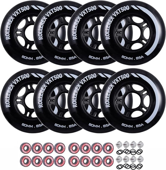Rollerex VXT500 Inline Skate Wheels (8 Wheels w/Bearings, spacers and washers) (Various Size & Color Options Available) - for Indoor, Outdoor, Hockey - Intended for Roller Blade Wheel Replacement