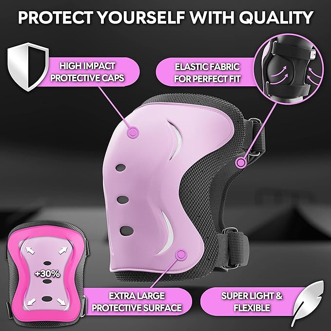 SKATEWIZ Skating Protective Gear Adults & Kids [6pc] incl. Knee Pads, Elbow Pads Wrist Guards for Roller Skating & Skateboarding