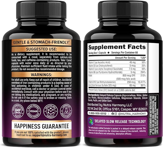 Iron Supplement for Women - Iron 65mg (Ferrous Sulfate 325mg) - Stomach Friendly | Slow Release Iron | High Absorption - Vitamins C, D3, B6, B12 & Folate - Iron Level & Energy Support - 60 Capsules