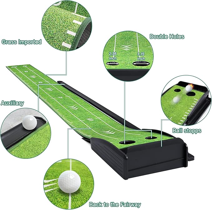 Golf Putting Green Mat with Putter and 6 Balls, Putting Practice Mat with Auto Ball Return for Home, Office, Backyard, Indoor, Outdoor Use