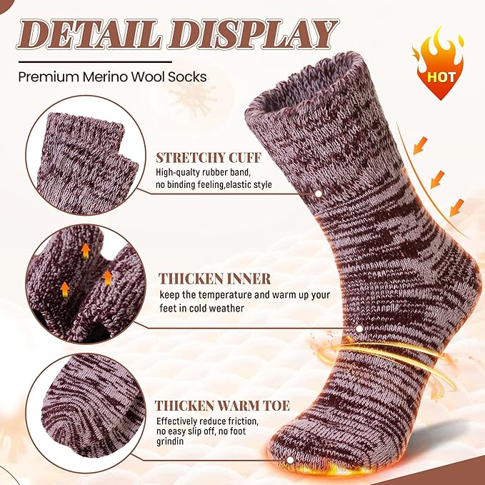 Merino Wool Boot Socks Thermal Winter Ski Thick Warm Hiking Socks for Women Men 3 Pairs