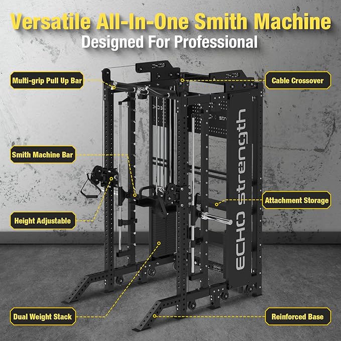 Commercial Functional Trainer Cable Machine with Dual Weight Stacks, Power Cage Squat Rack, Dual Cable Crossover Machine with Pulley System
