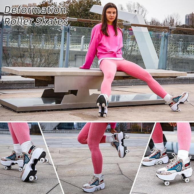 Roller Skate Shoes for Women Four Rounds Children's Roller Skates Shoes That Turn into Rollerskates Sneakers Outdoor Light Shoes with Wheels for Girls/Boys