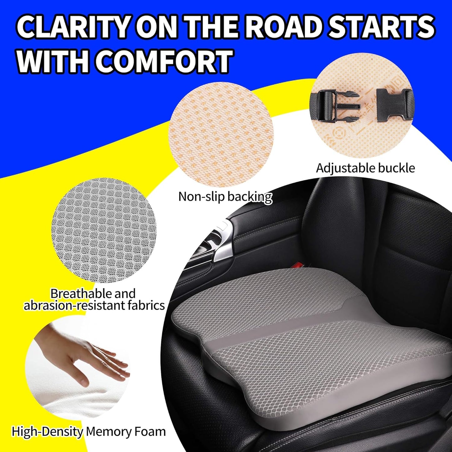 Car Seat Cushion - Comfort Memory Foam Seat Cushion for Car Seat Driver, Tailbone (Coccyx) Pain Relief, Car Seat Cushions for Driving (Gray)
