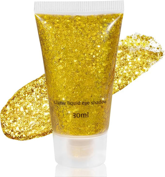 Mysense Gold Body Glitter Gel,Face Hair Glitter Makeup,Music Festival Rave Accessories,Chunky Mermaid Glitter Sequins,Sparkling Face Paint for Women Girls,30g