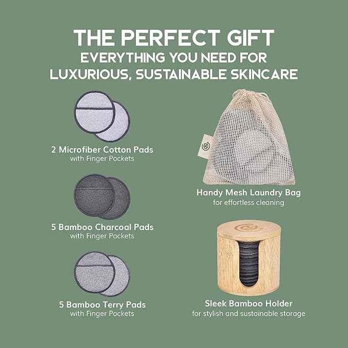 Greenzla Reusable Makeup Remover Pads Premium Set, 12 Pack Microfiber Cotton Pads, Charcoal Cotton Rounds, Bamboo Terry Face Wipes for All Skin Types with Mesh Laundry Bag and Bamboo Storage