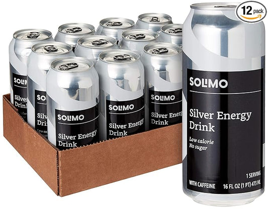 Amazon Brand - Solimo Silver Energy Drink, Sugar-Free, Vegan, Low-Calorie, 16 fl oz (Pack of 12)