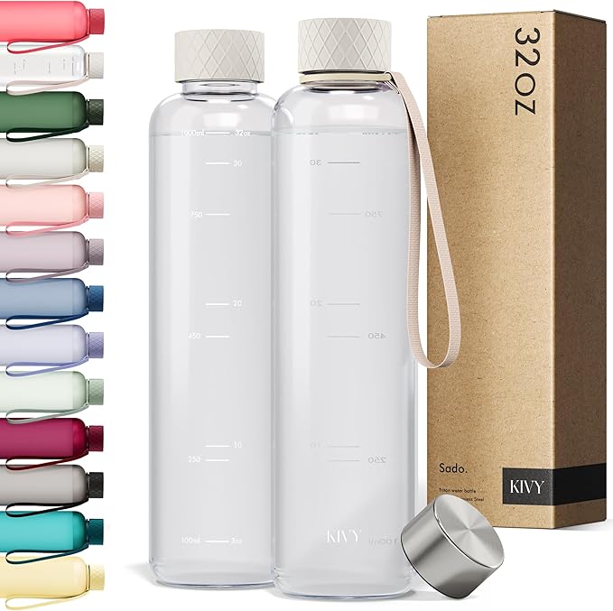 KIVY Slim Water Bottle 32oz [Lightweight & Shatterproof] Fits Backpack & Cupholder for Travel, Sports, School, Gym - Clear water bottle with measurements - Transparent Tritan Beige - Dishwasher Safe