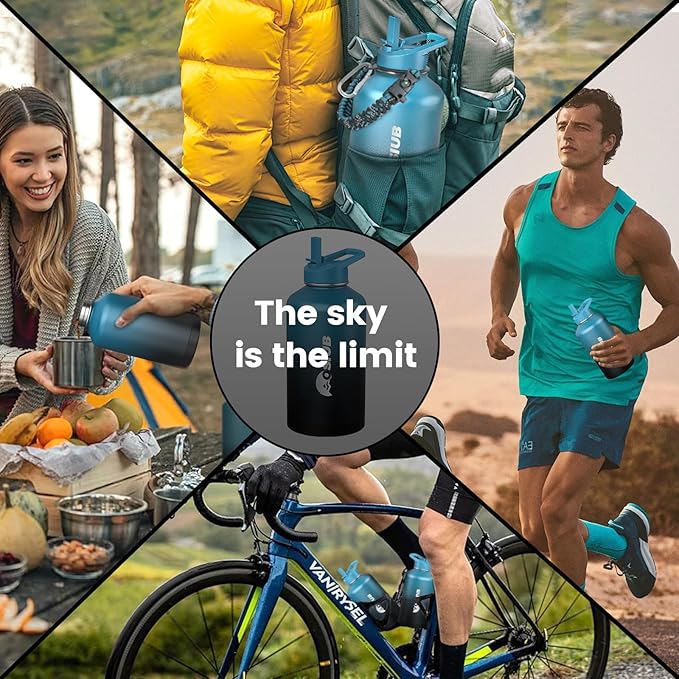 Insulated Water Bottle 128 oz, Triple Wall Vacuum Stainless Steel(Cold for 48 Hrs),Leak Proof & BPA-Free,One Gallon Water Bottle with Reflective Paracord & Flip Straw for Sports & Travel, Indigo-Black