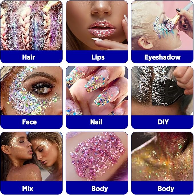 Body Glitter Gel, Face Shimmer Glitters for Women Girls, Long Lasting Sparkly Makeup for Birthday Christmas Festivals, Nails Hair Eyeshadow Paint Accessory (Silver)
